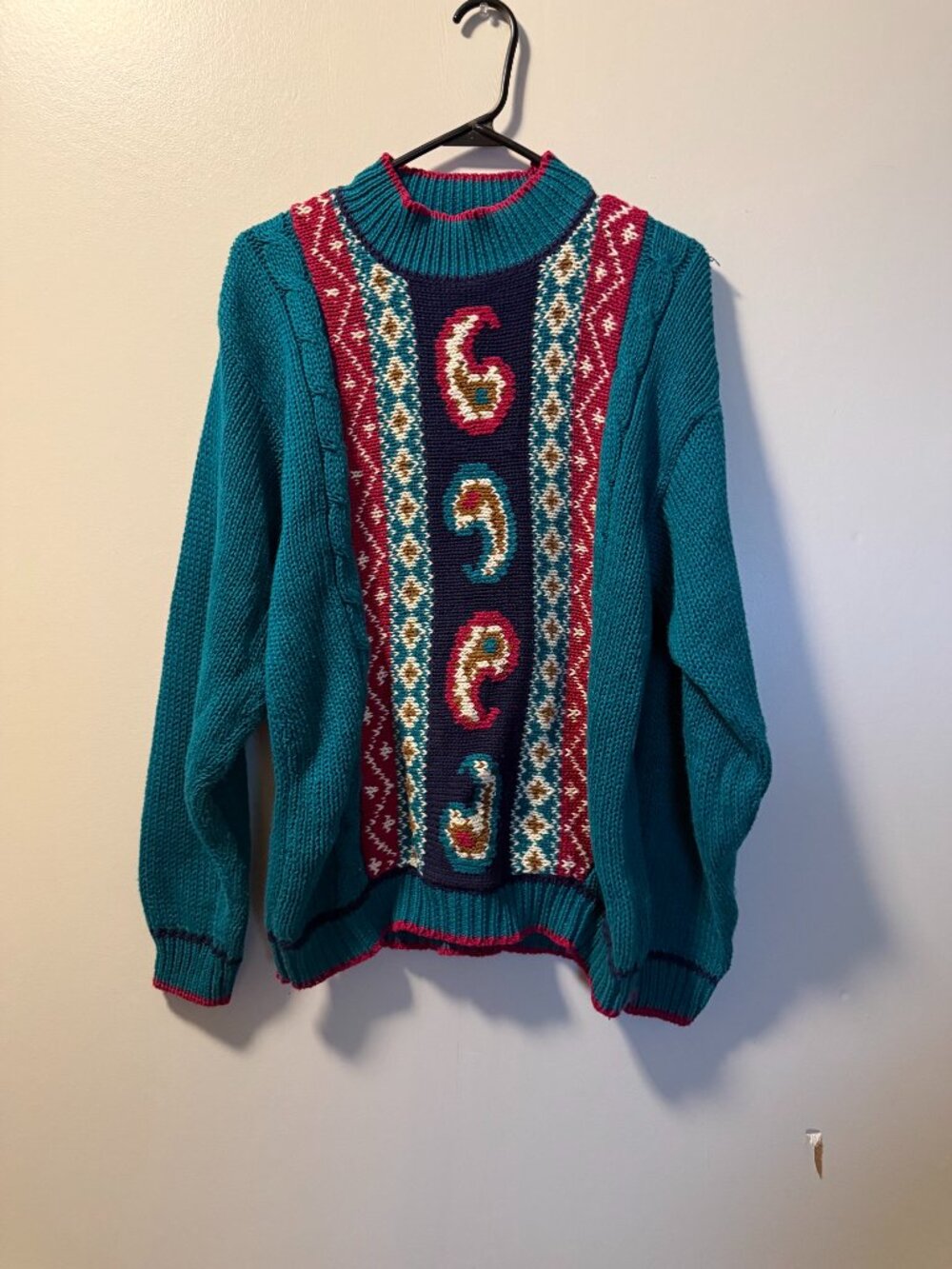 Vintage AJ Brandon Teal Blue Green Paisley Pullover Sweater Women's Medium 90s